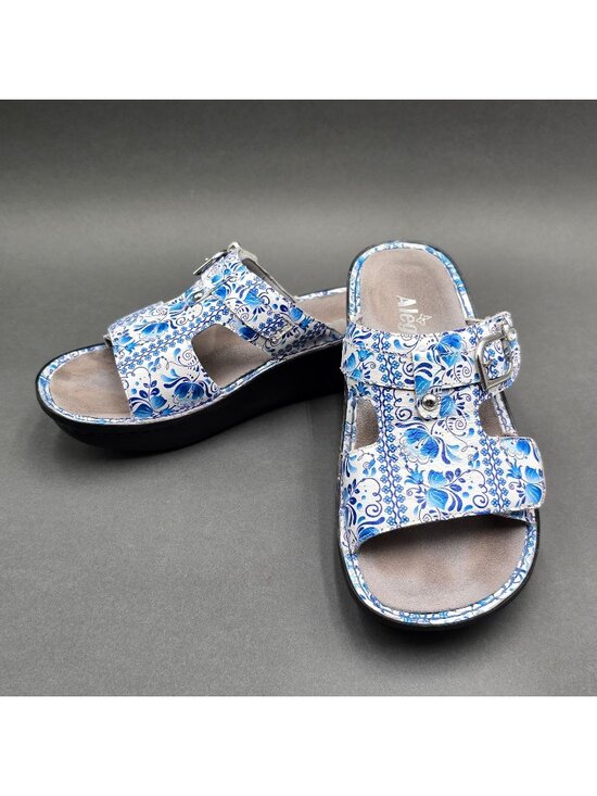 Alegria Shoes - Alegria Peggy Wedge Slip On Sandals Size 37 Blue White Floral Rhinestone Buckle